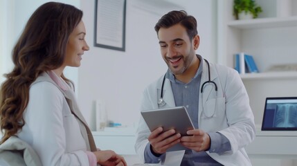 In a medical office setting, a doctor is seen utilizing a digital tablet during a consultation with a patient, exemplifying the incorporation of technology in modern healthcare and medicine