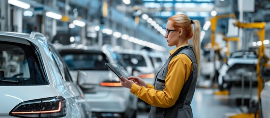 Poster - In a modern factory, an automotive engineer uses a digital tablet and safety gear for quality control inspections, demonstrating the integration of technology in the automotive industry