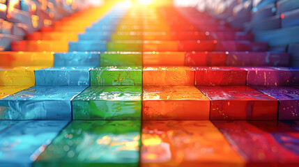 Rainbow stairs symbolize progress in the LGBTQ journey.Generative AI