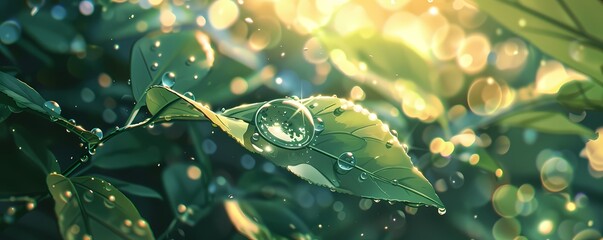 Wall Mural - The Serenity of a Single Dewdrop on a Green Leaf