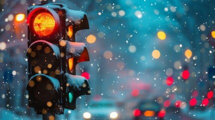 Poster - A traffic light on a snowy day, with the lights clearly visible despite the snowfall covering the surroundings.