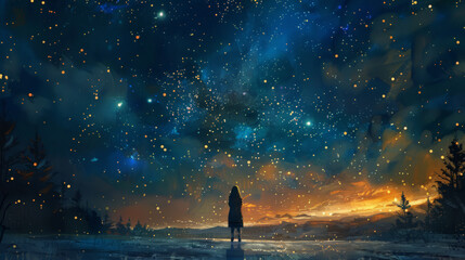 a woman stood looking at the night sky with beautiful twinkling stars. the night was calm and still,
