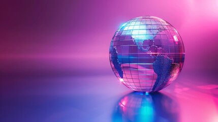 Sticker - Metallic textured globe, Techno lines overlay, Reflective surface highlights, Gradient blue-to-purple background