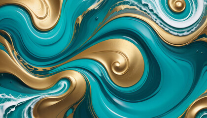 Wall Mural - waves turbulent illustration teal spectacular mable art realistic digital 3d texture gold liquid backdrop whirlpool abstract swirl background bright colours flow flowing paint pattern surface vibrant