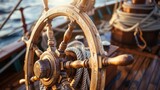 Fototapeta  - Steering wheel and marine ropes on the old ship for your concept of marine voyage under sails. Nautical equipment on ancient sailing vessel with a wooden wheel of captain