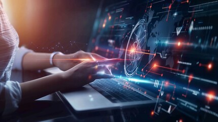 Leinwandbilder - Futuristic technology interface with a person using laptop displaying digital data and global connections. Represents innovation, hightech, digital transformation, and cyber advancements