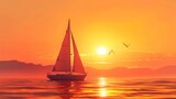 Fototapeta  - Boat or yacht sailing during sunset. Seagulls flying in the orange sky. Tourism and travel concept