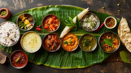 Authentic Indian thali meal served on a banana leaf, featuring regional specialties and accompanied by assorted chutneys.