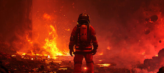 Wall Mural - Firefighter in a fire fighting action.