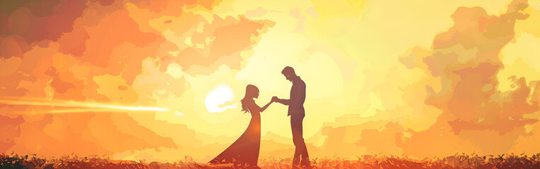 Wall Mural - Valentines day beautiful lovely greeting couple love holding hand sun on background
