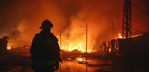 Wall Mural - Firefighter in a fire fighting action.