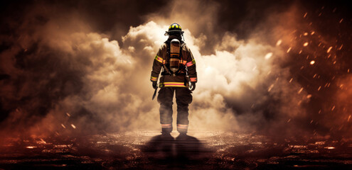 Wall Mural - Firefighter in a fire fighting action.