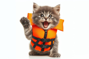 Excited little cat in Orange Life Vest Isolated on white background