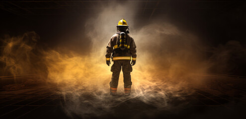 Wall Mural - Firefighter in a fire fighting action.