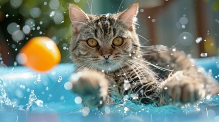 Poster - Chubby cat playing with a floating toy in a kiddie pool, splashing water with its paws.