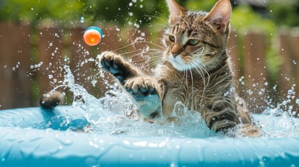 Poster - Chubby cat playing with a floating toy in a kiddie pool, splashing water with its paws.