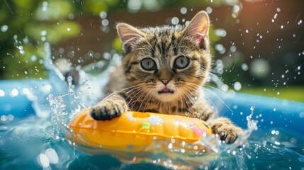 Poster - Chubby cat playing with a floating toy in a kiddie pool, splashing water with its paws.