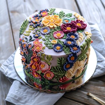 Beautifully decorated floral cake with colorful icing flowers on a rustic wooden table, showcasing impressive baking art and elegance.