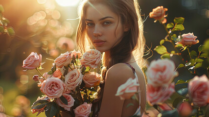 Wall Mural - close up of a pretty young woman with colorful flowers, young woman on flower background, pretty young girl