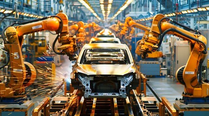 Poster - The Automated Assembly Line in a Modern Car Factory integrates robotic arms and advanced machinery for highly efficient automotive production in a showcase of industrial innovation