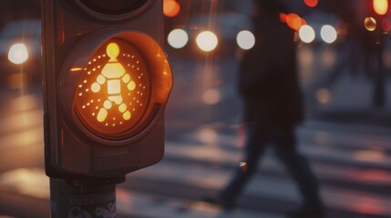 Poster - Close-up of a pedestrian crossing button with a traffic light in the background, emphasizing the use of crosswalks