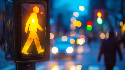 Poster - Close-up of a pedestrian crossing button with a traffic light in the background, emphasizing the use of crosswalks