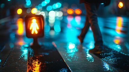 Poster - Close-up of a pedestrian crossing button with a traffic light in the background, emphasizing the use of crosswalks