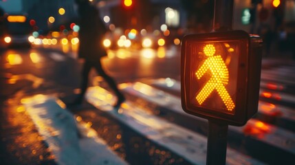 Poster - Close-up of a pedestrian crossing button with a traffic light in the background, emphasizing the use of crosswalks