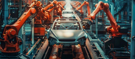 Leinwandbilder - Automated robotic car manufacturing assembly line is established in a modern factory, utilizing hightech robotic arms and industrial robots for efficient production in the automotive industry
