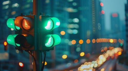 Poster - Close-up of a traffic light showing the green light, signaling for cars to move, with a blurred cityscape in the background.