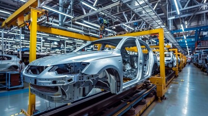 Poster - Modern automotive factories use advanced manufacturing techniques and technology on the vehicle assembly line, with robots, automation, and hightech machinery playing key roles in car production
