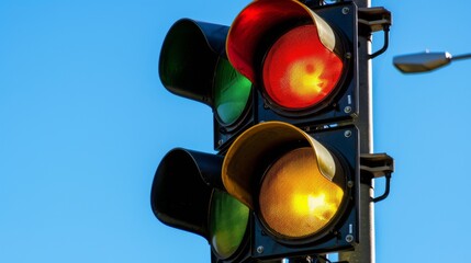 Poster - Close-up of a traffic light with red, yellow, and green lights illuminated, set against a clear blue sky.