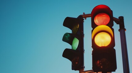 Wall Mural - Close-up of a traffic light with red, yellow, and green lights illuminated, set against a clear blue sky.