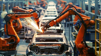 Poster - Robotic arms in a cuttingedge automotive factory efficiently handle welding tasks, showcasing advanced technology and engineering through a seamless blend of automation and robotics