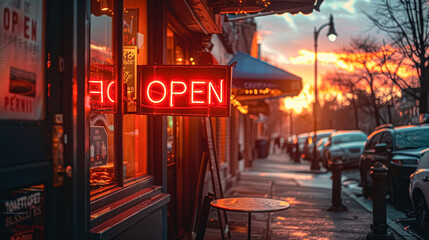 Wall Mural - a boutique bakery during the golden hour, highlighting the warm glow of the neon 