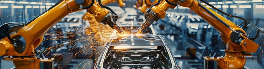 Poster - Robotic arms are used for welding cars in a modern car factory, highlighting the advanced technology and automation in manufacturing. It symbolizes efficiency and precision of industrial robotics