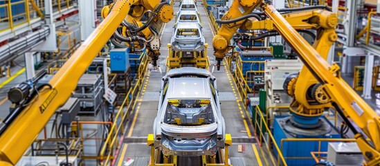 Poster - In a modern factory, a hightech automobile assembly line with robotic arms is used for car manufacturing. This innovative system integrates robotics and automation in the production process
