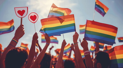 Crowd celebrating pride day at a rally with rainbow flags. Lgtbiq+ community, multiracial and diversity.