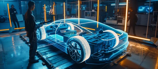 Aufkleber - In a stateoftheart automotive factory, an engineer utilizes advanced AR technology to design a sophisticated 3D car model, demonstrating cuttingedge innovation in the auto sector