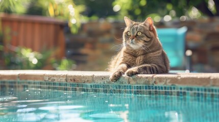Poster - Fat cat sitting on the edge of a pool, dipping its paws into the water and looking curious and happy.
