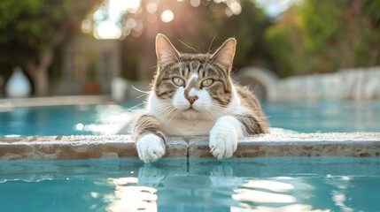 Poster - Fat cat sitting on the edge of a pool, dipping its paws into the water and looking curious and happy.