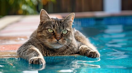 Wall Mural - Fat cat sitting on the edge of a pool, dipping its paws into the water and looking curious and happy.