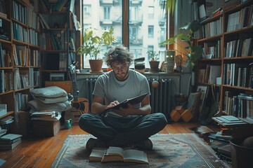 Wall Mural - Man reads book on library floor among shelves of publications