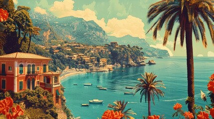 Wall Mural - Vintage European Coastal Town with Palm Trees and Beach in Italy - AI Generated Precious Postcard of Greece Coastline