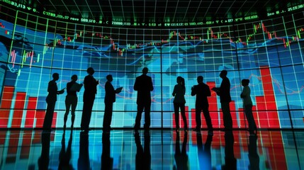 Leinwandbilder - Group of businesspeople analyzing a stock market graph on a large screen, discussing strategies and forecasts.