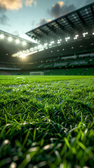 Wall Mural - a silent stadium awaiting fans, with a focus on the vibrant green pitch under the spotlight.