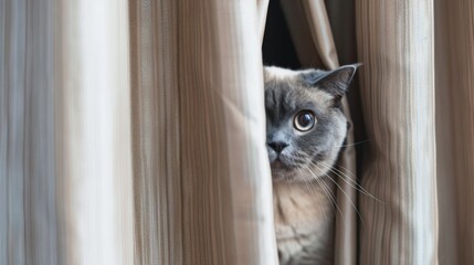 Poster - Heavyset cat peeking out from behind a curtain, showing its curious and playful nature.