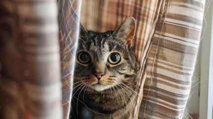Poster - Heavyset cat peeking out from behind a curtain, showing its curious and playful nature.