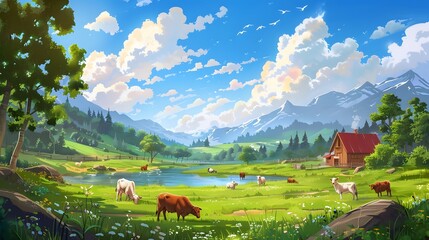 A cartoon-style farm with a blue sky and white clouds