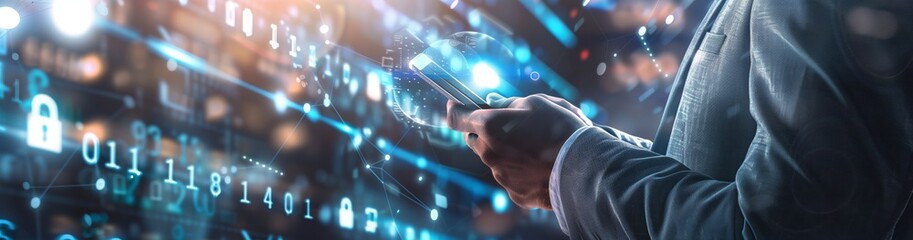Poster - A businessman is seen using a smartphone in a digital realm, navigating data, technology, and networks. It is a representation of modern communication and business in the digital age